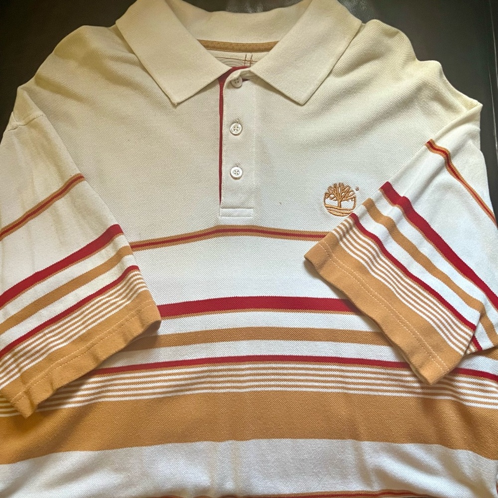 Timberland Polo Shirt - Cream and Brown Stripes (Y2K) era Never Worn W/O Tag
